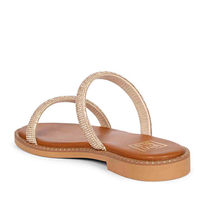 ViviBlu Tan Leather Flat Sandals Embellished With Champange Straps