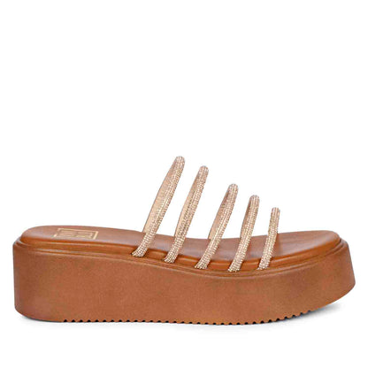 ViviBlu Tan Leather Platform Sandals Embellished With Gold Straps