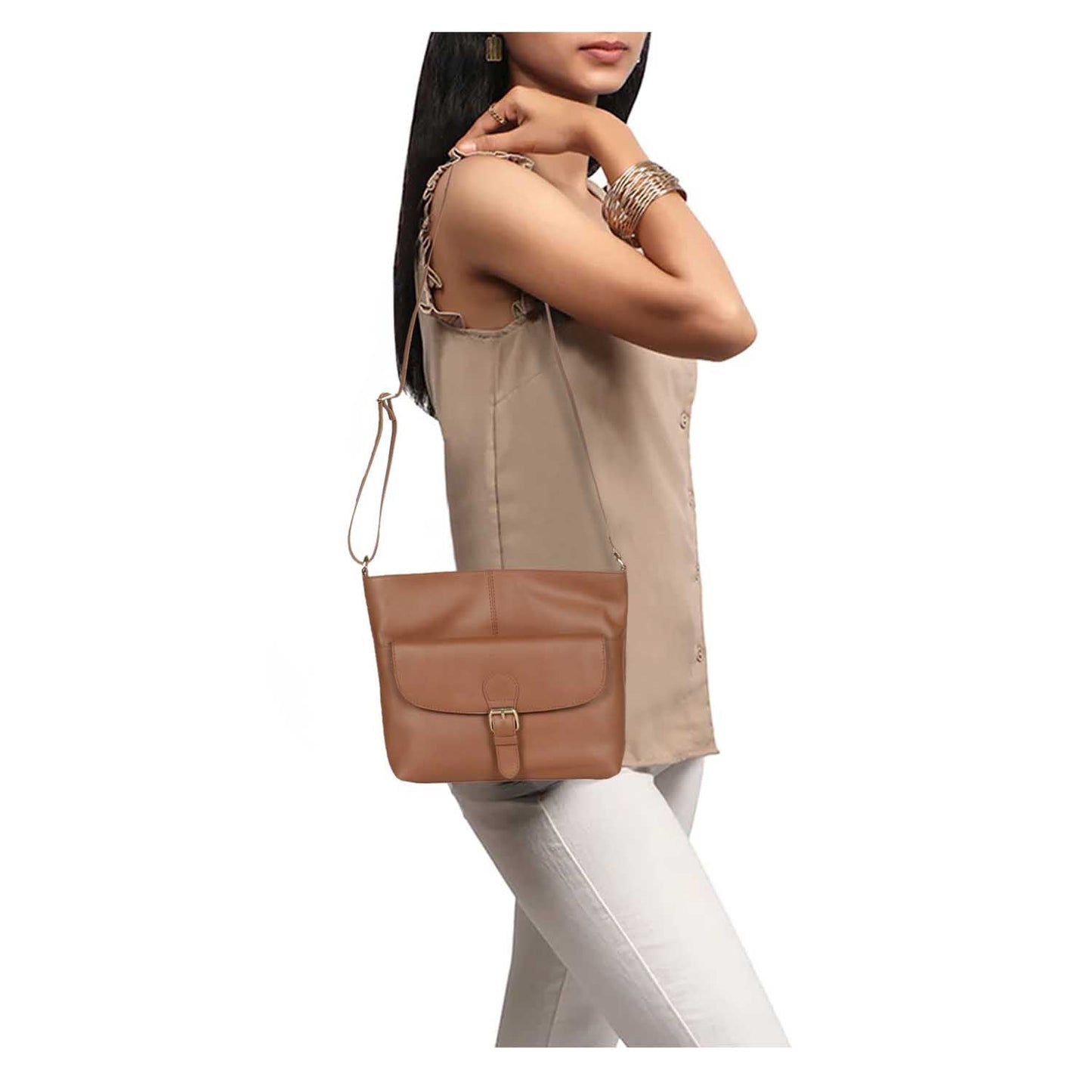 Favore Brown Women Leather Structured Sling Bag