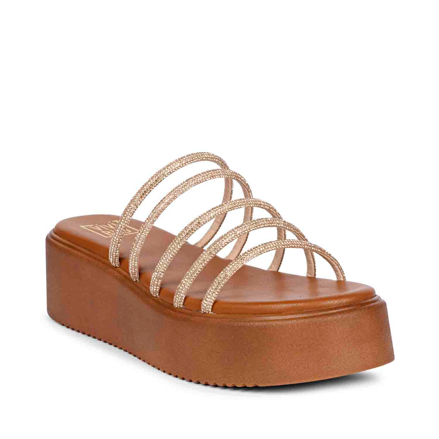 ViviBlu Tan Leather Platform Sandals Embellished With Gold Straps