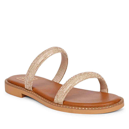 ViviBlu Tan Leather Flat Sandals Embellished With Champange Straps