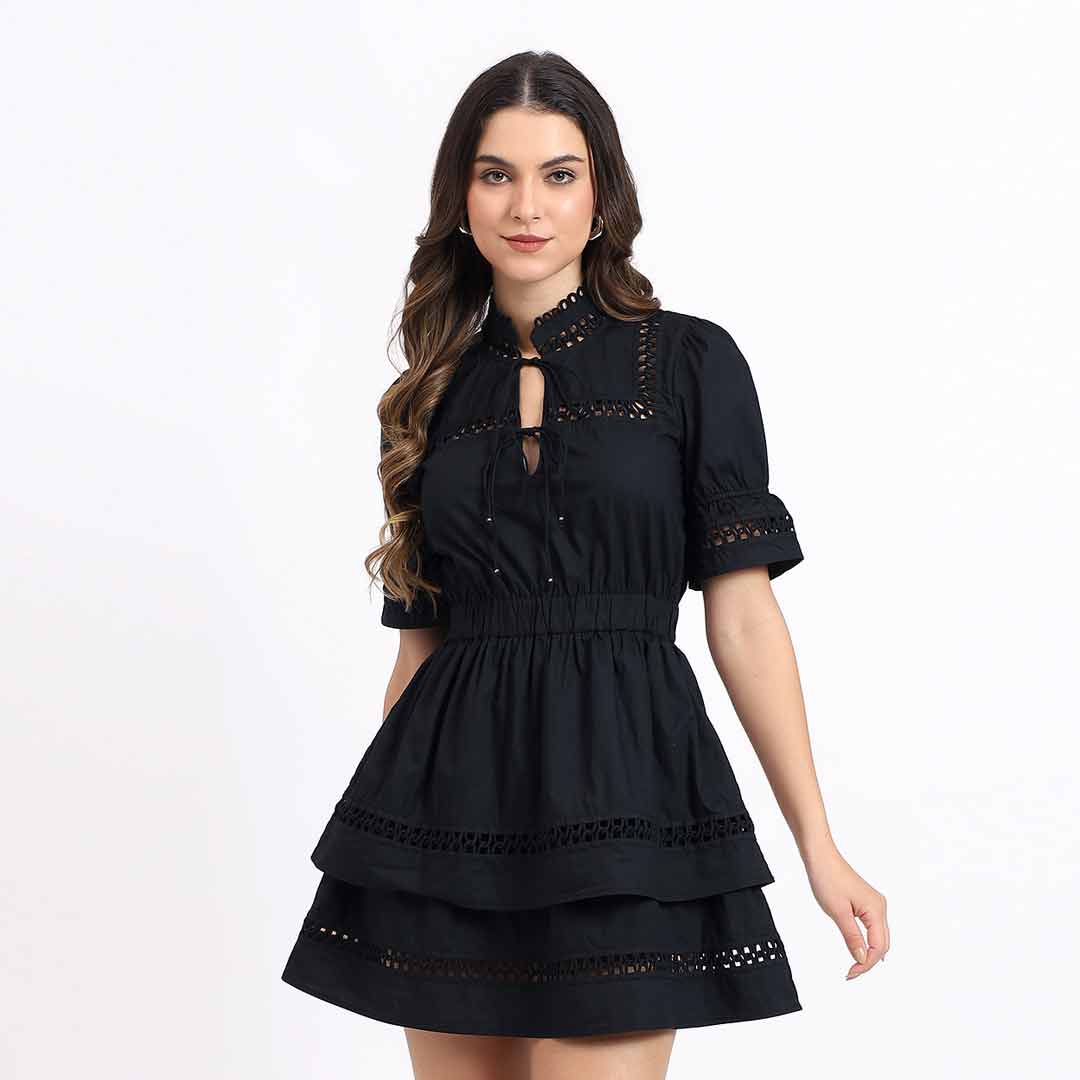 Saint Womens Black Solid Cotton Short Dress