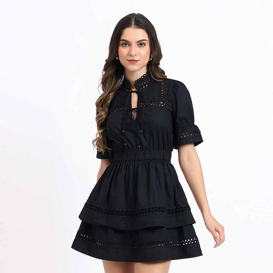 Saint Womens Black Solid Cotton Short Dress