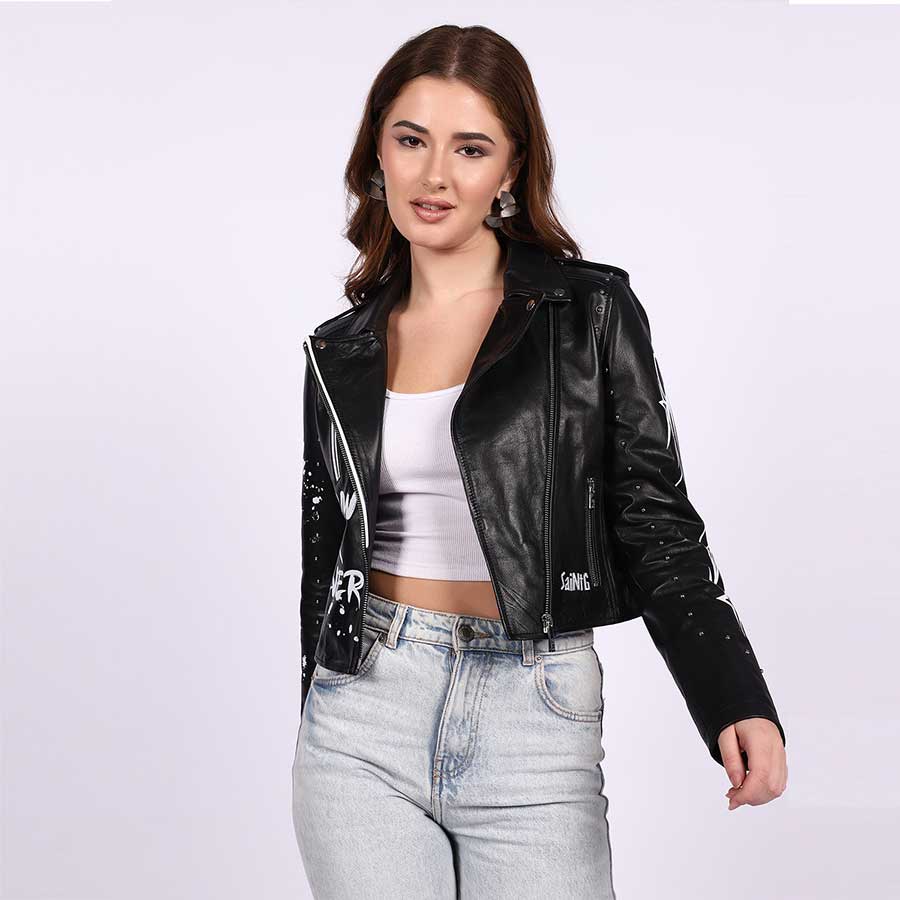 Saint Grecia Black Leather Women Biker Jackets