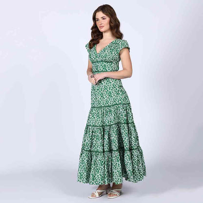 Saint Womens Green Tiered Cotton Voil Maxi Dress
