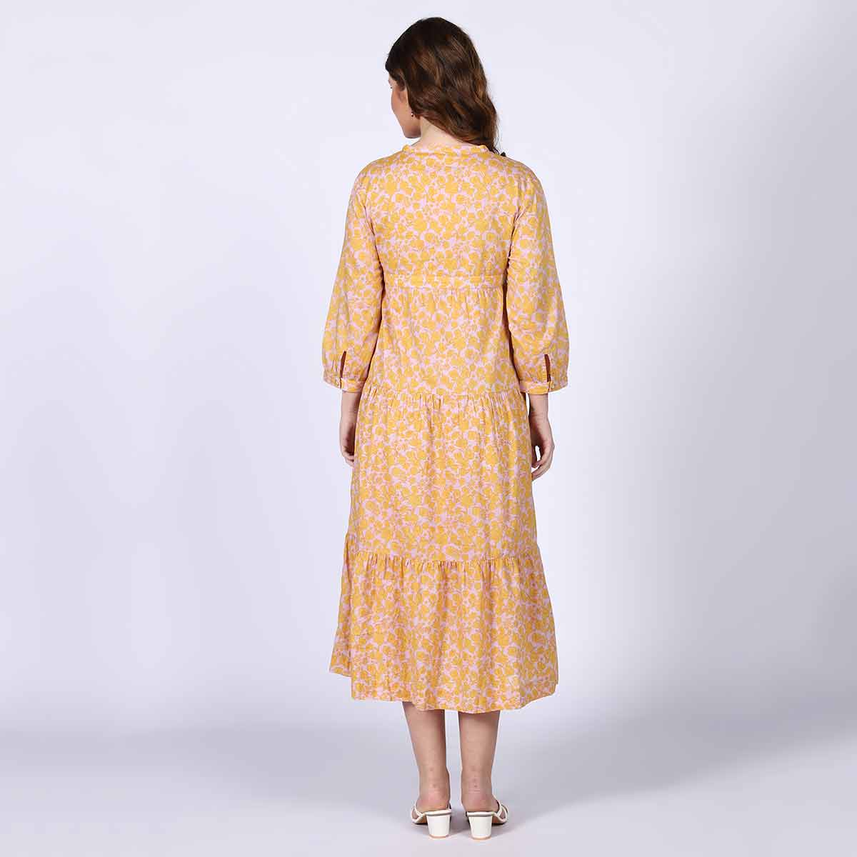 Saint Womens Yellow Multicolour Tiered Cotton Maxi Dress