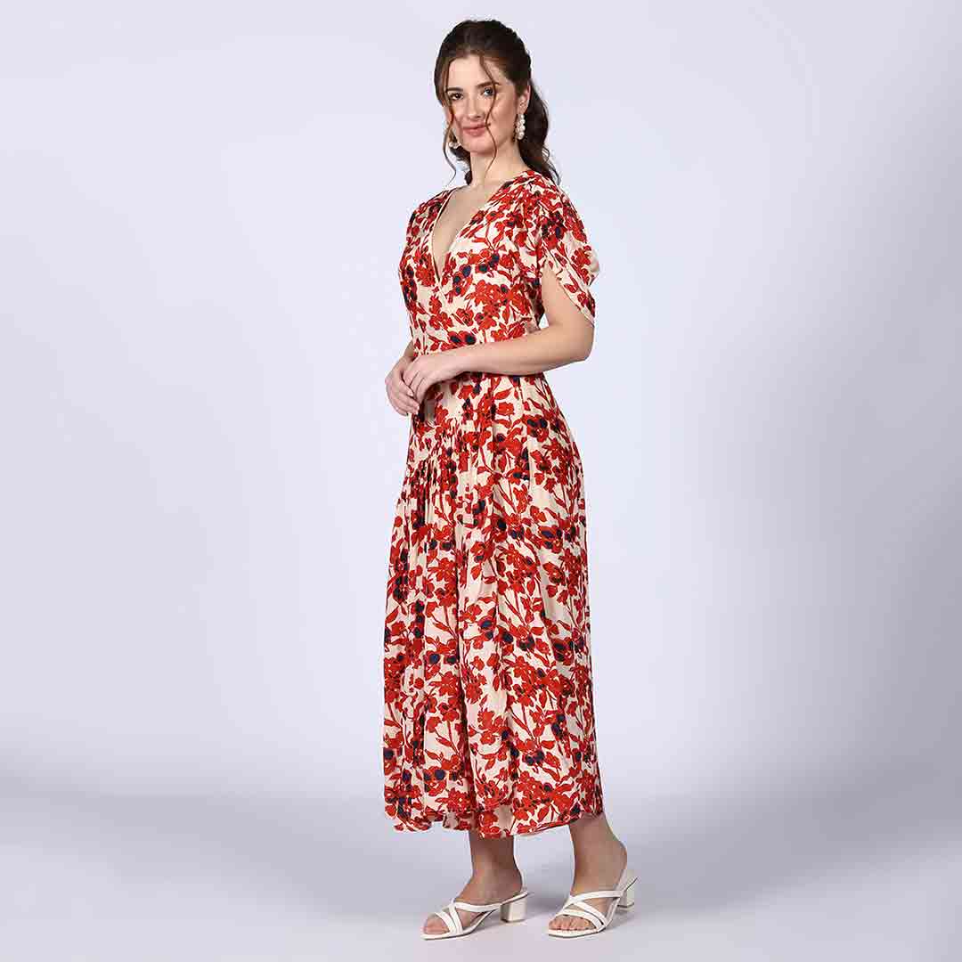 Saint Womens Ivory Red Deep V-Neck Viscose Dress