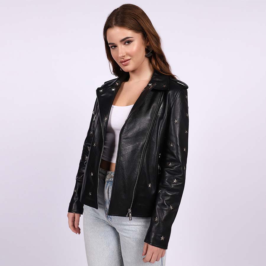Saint Neve Black Leather Women Collar Jackets