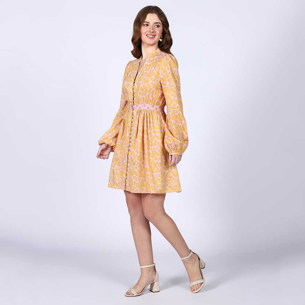 Saint Womens Yellow Multicolour Cotton Voile Dress