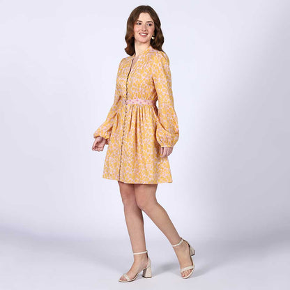 Saint Womens Yellow Multicolour Cotton Voile Dress