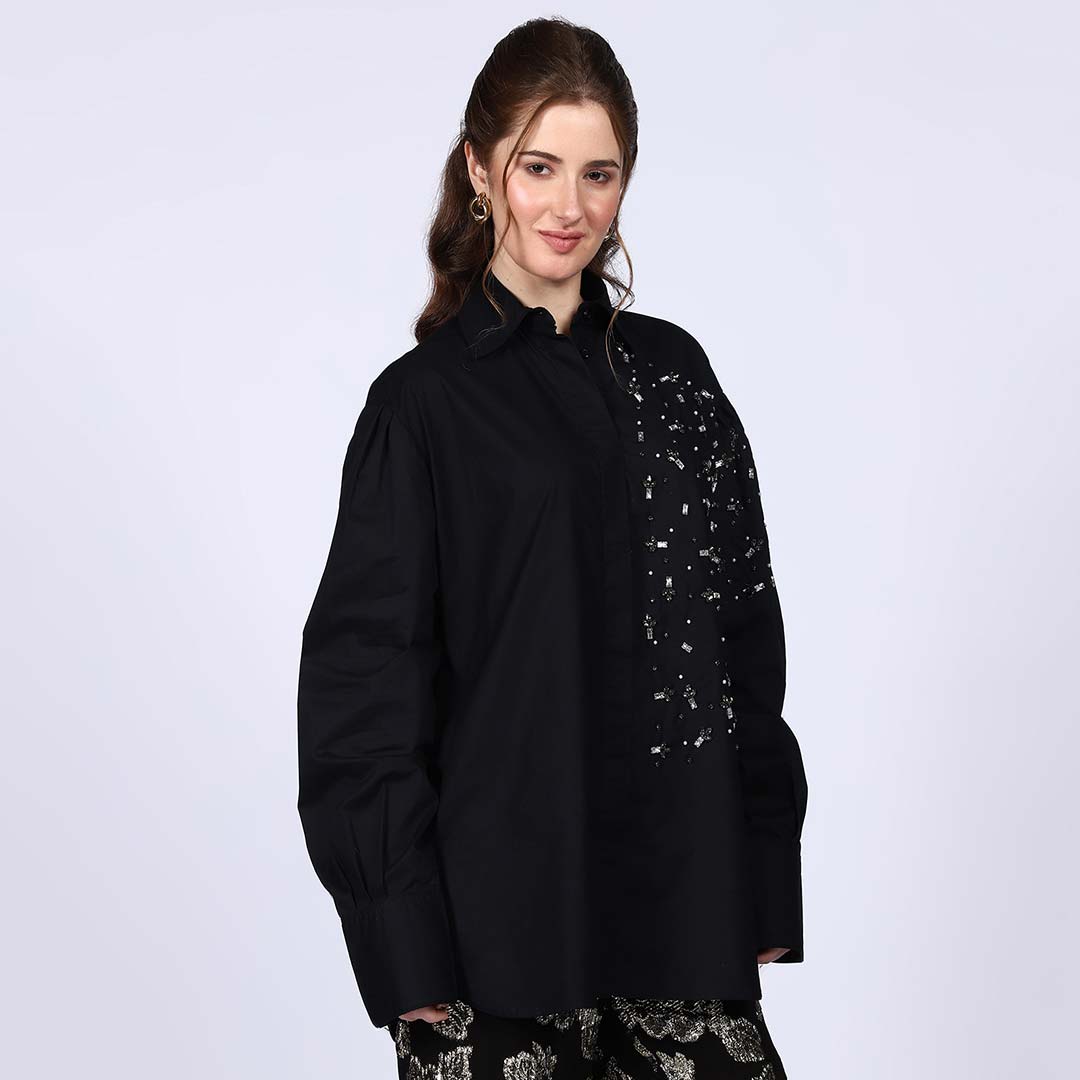 Saint Womens Black Cotton Rhinestone Shirt