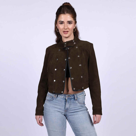 Saint Alora Olive Suede Leather Women Collar Jackets