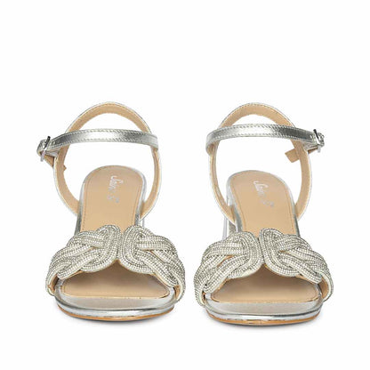 Saint Celeste Knot Embellished Silver Metallic Leather Heels