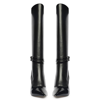 Saint Rey Buckle Decor Black Leather Long Boots