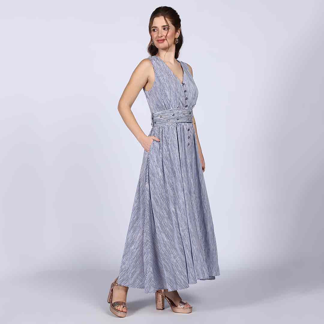 Saint Womens Blue Cotton Striped Maxi Dress