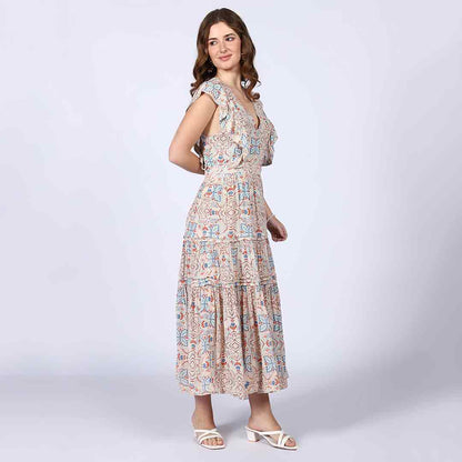 Saint Womens Beige Multicolour Printed Midi Dress