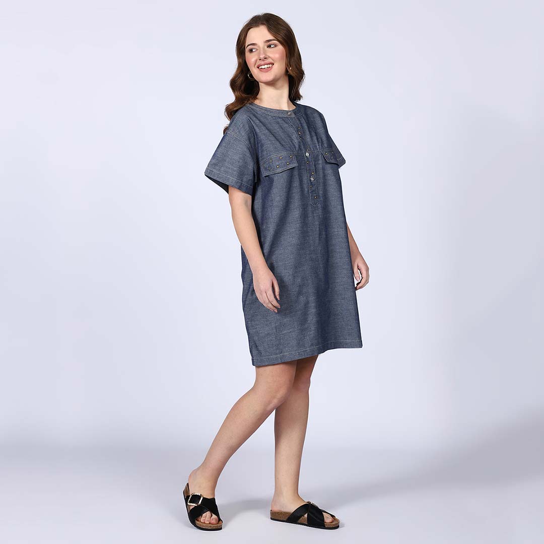 Saint Womens Grey Cotton Chambray Short Dress