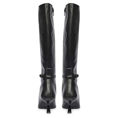Saint Elara Buckle Embellished Black Leather Long Boots