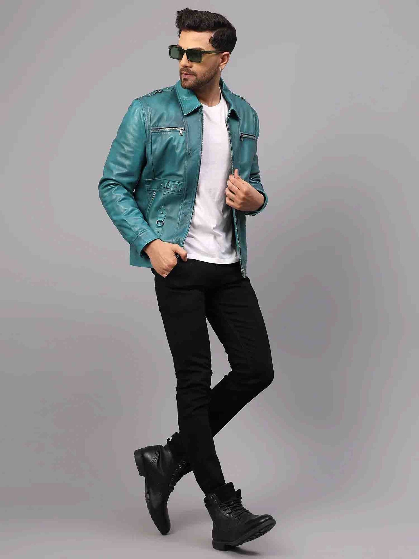 Saint Benjo Blue Turquoise Leather Men's Jacket