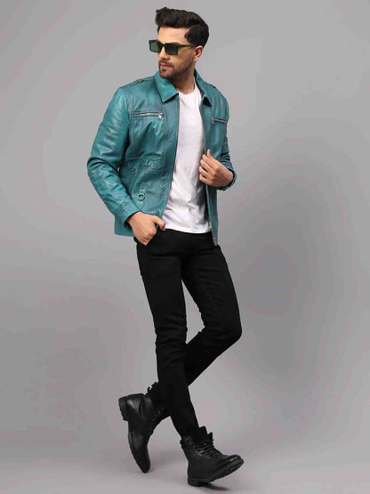 Saint Benjo Blue Turquoise Leather Men's Jacket