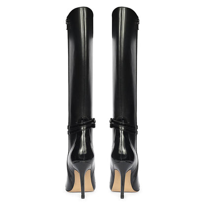 Saint Rey Buckle Decor Black Leather Long Boots