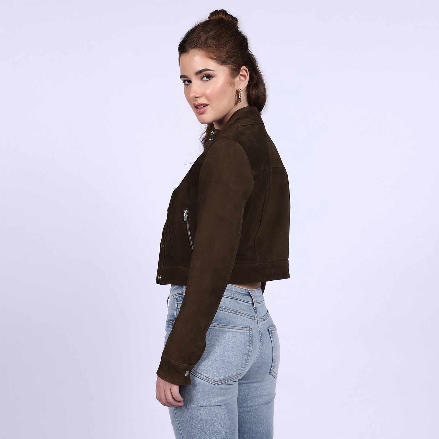 Saint Alora Olive Suede Leather Women Collar Jackets