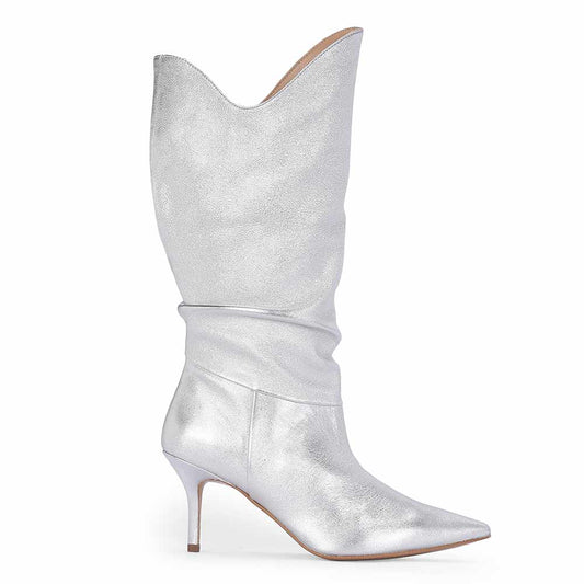 Saint Nayeli Silver Metallic Leather Calf Length Slouch Boots