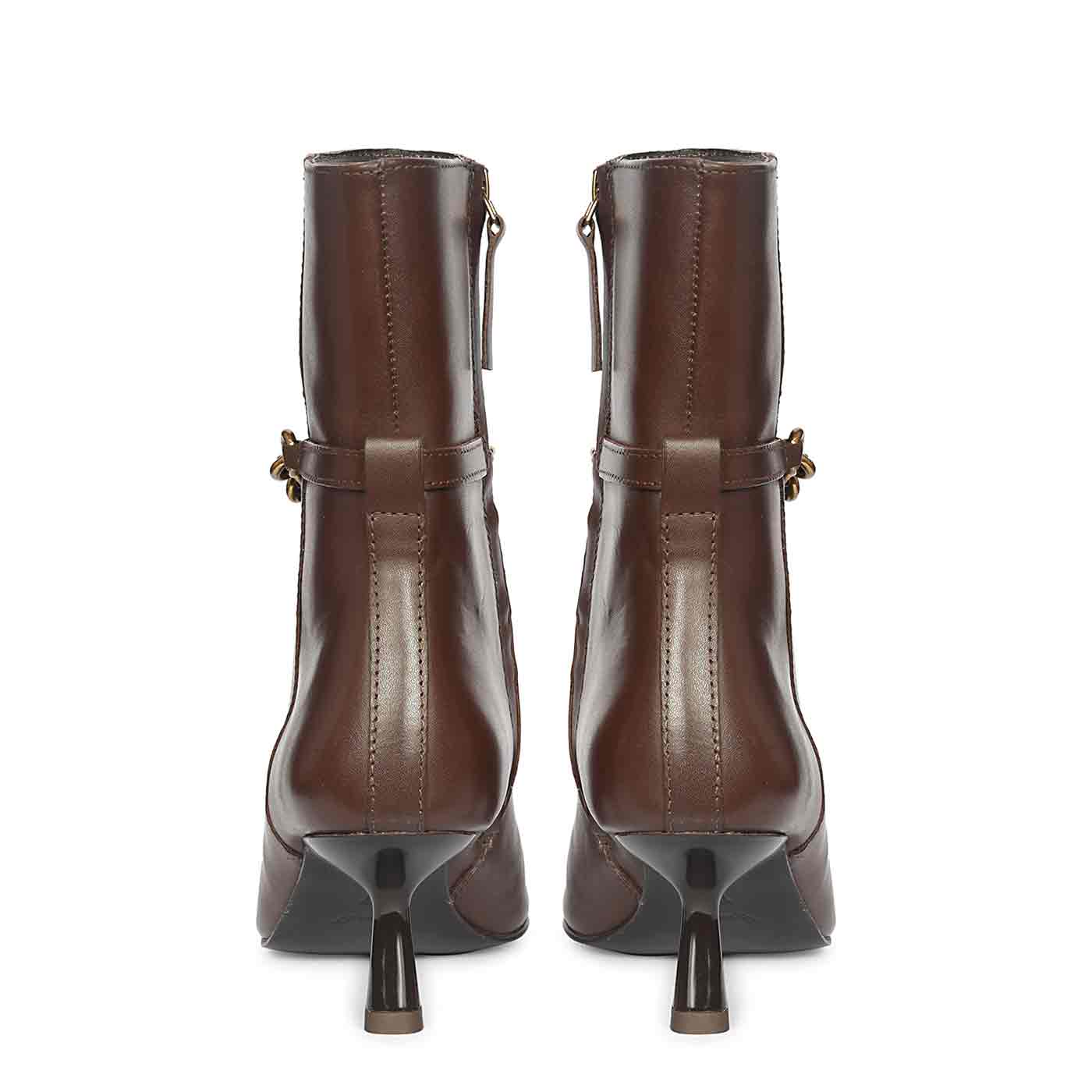 Saint Peony Chain Embellished Brown Leather Ankle boots