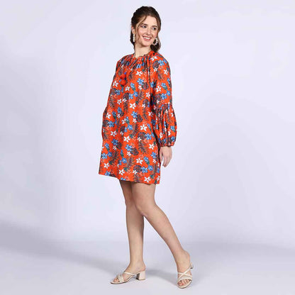 Saint Amalia Womens Orange Cotton Floral Short Dress