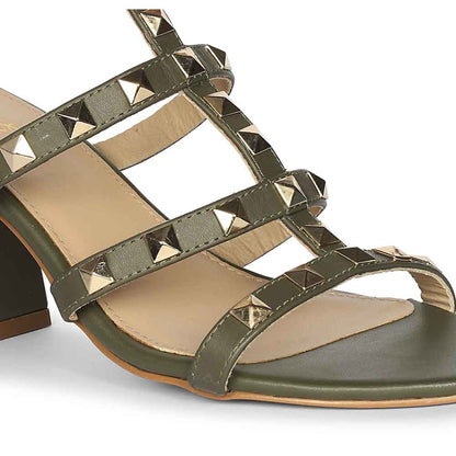 Saint Angela Gold Studs Olive Leather Block Heels