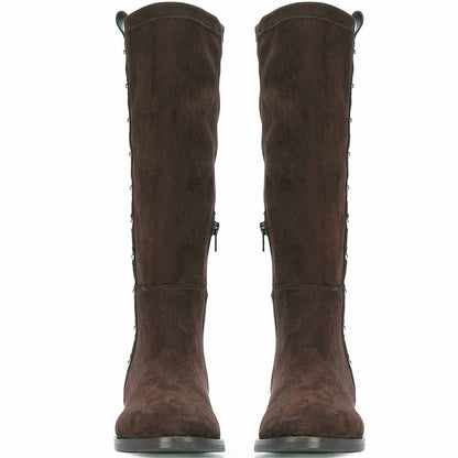 Saint Marlowe Eyelets Brown Stretch Suede Long Boots