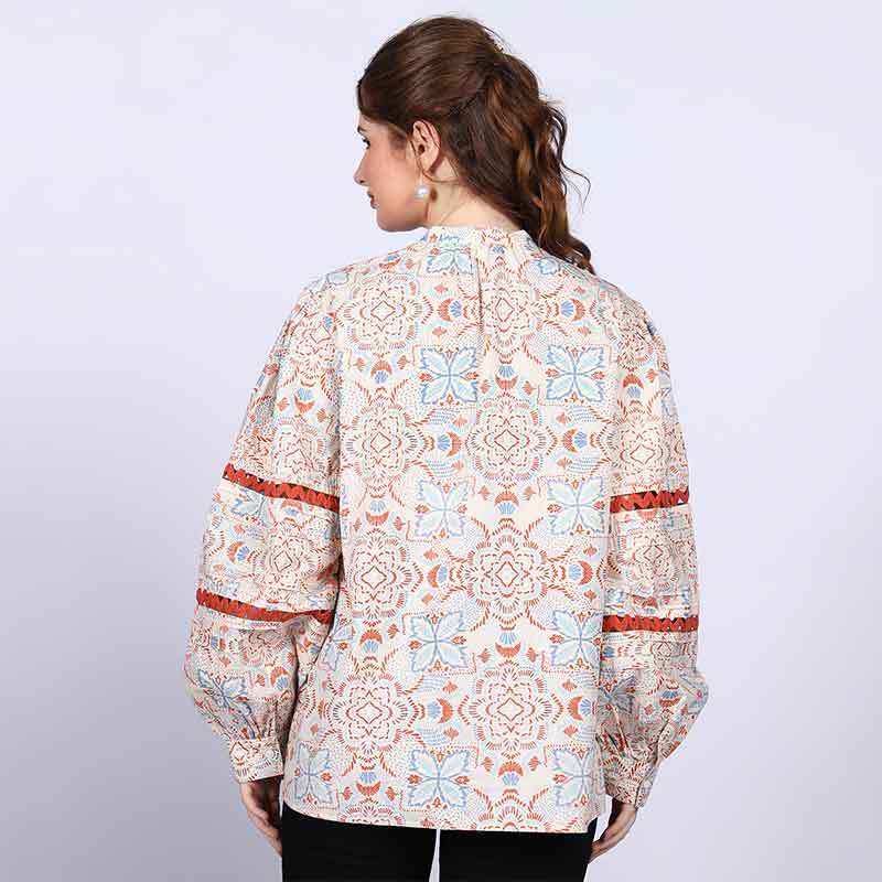 Saint Womens Ivory Multicolour Cotton Poplin Top