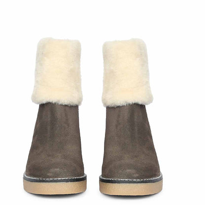 Saint Glacienne Charcoal Suede Leather Fur Cuff Ankle Boots