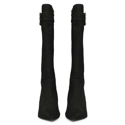 Saint Valeria Crystal Buckle Black Suede Leather Long Boots