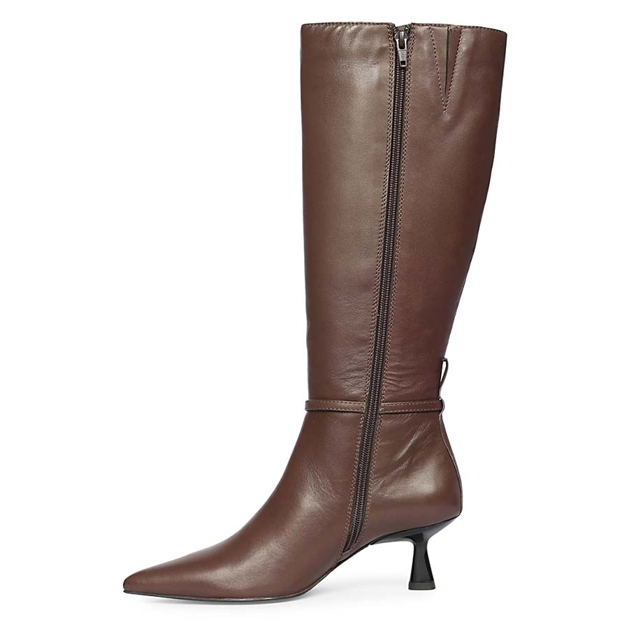 Saint Elara Buckle Embellished Brown Leather Long Boots