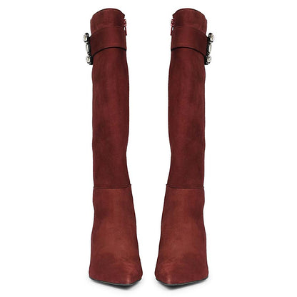 Saint Valeria Crystal Buckle Bordo Suede Leather Long Boots