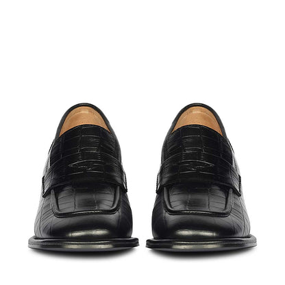 Saint Viviana Croc Embossed Black Leather Moccasins