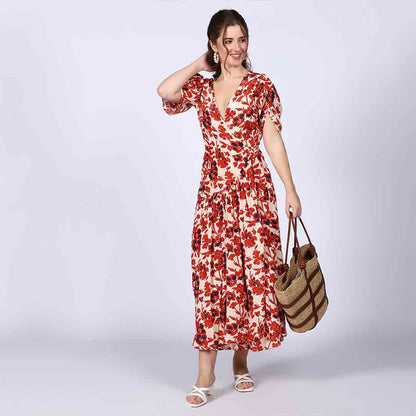 Saint Womens Ivory Red Deep V-Neck Viscose Dress