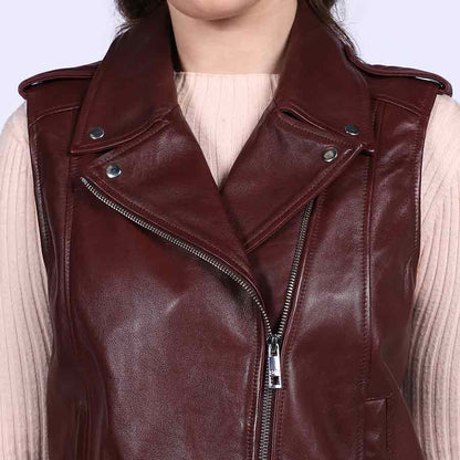 Saint Micaela Burgundy Leather Women Collar Jackets