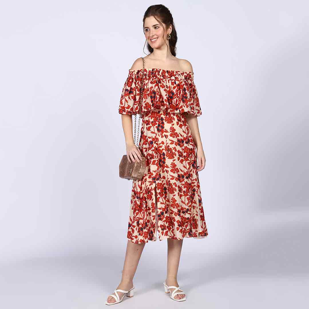 Saint Womens Ivory Red Off-Shoulder Midi Dress