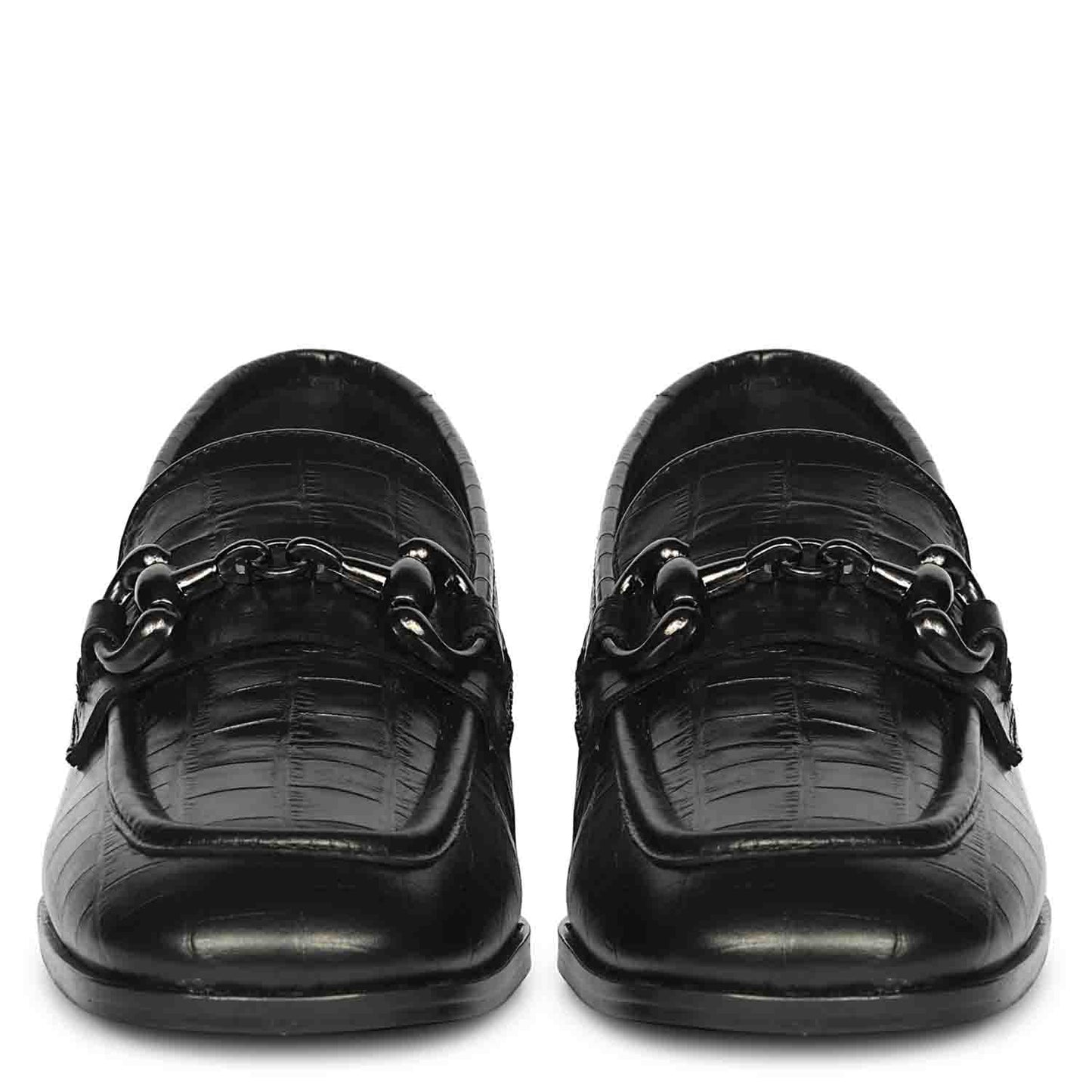 Saint Jacqueline Croc Embossed Black Leather Moccasins