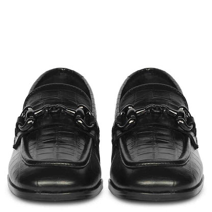 Saint Jacqueline Croc Embossed Black Leather Moccasins