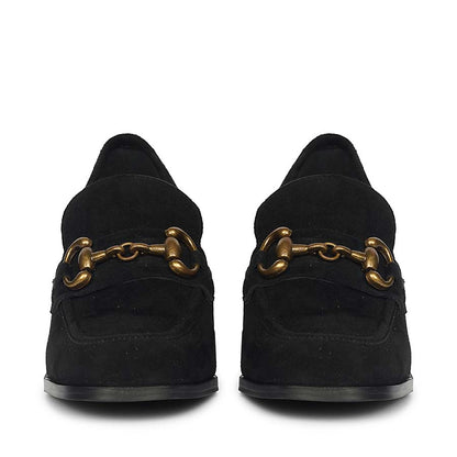 Saint Vera Gold Horsebit Black Leather Moccasins