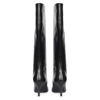 Saint Adella Croc Embossed Black Leather Long Boots