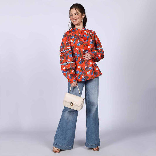 Saint Womens Orange Multicolour Cotton Poplin Top