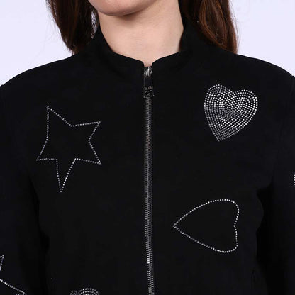 Saint Venessa Stone Embossed Black Leather Women Biker Jackets