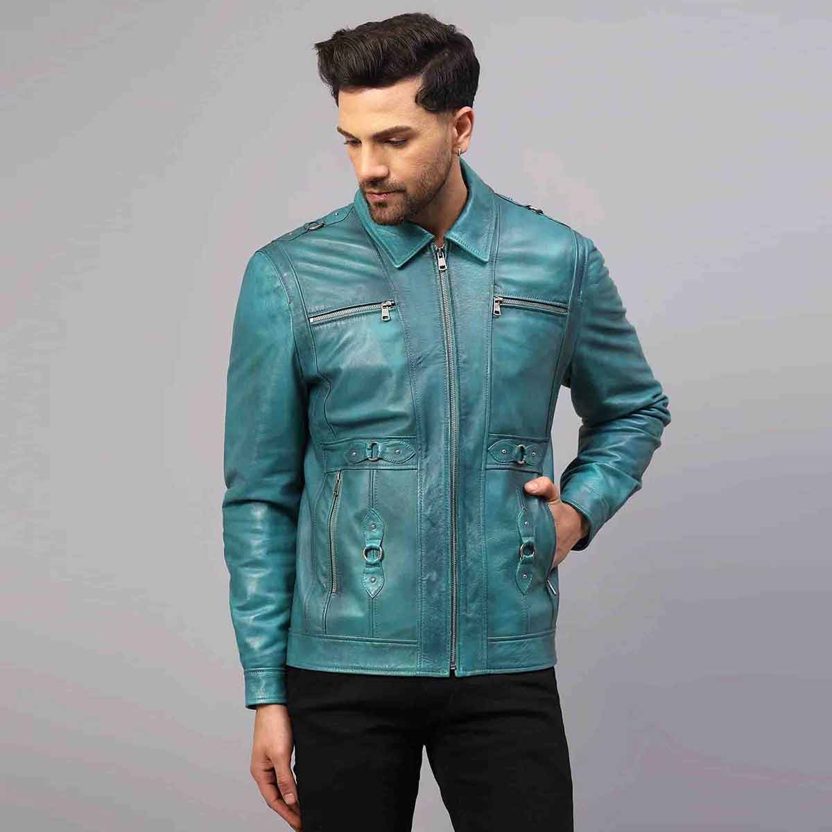 Saint Benjo Blue Turquoise Leather Men's Jacket