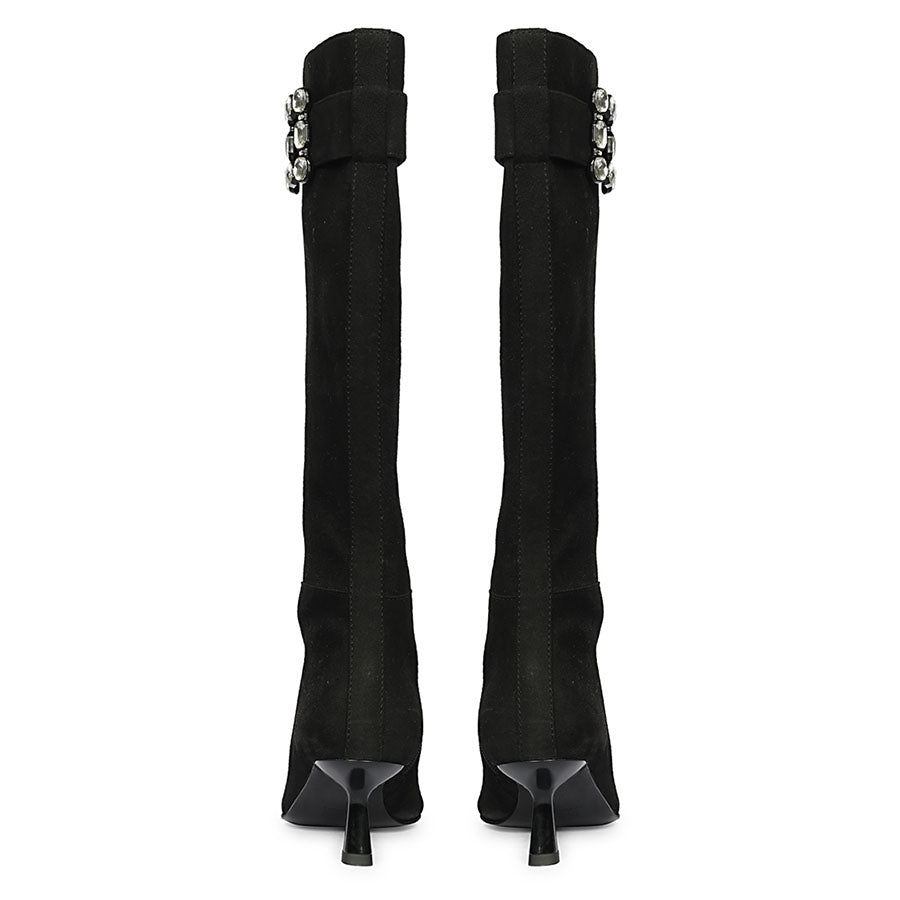 Saint Valeria Crystal Buckle Black Suede Leather Long Boots