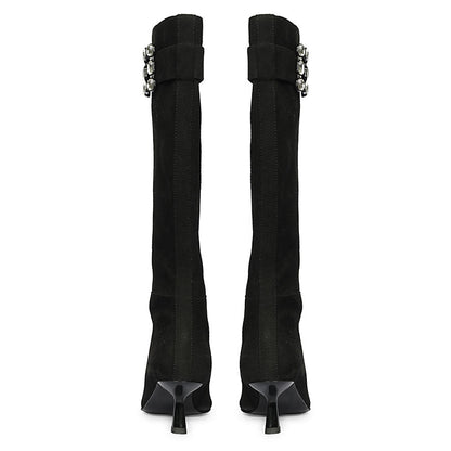 Saint Valeria Crystal Buckle Black Suede Leather Long Boots