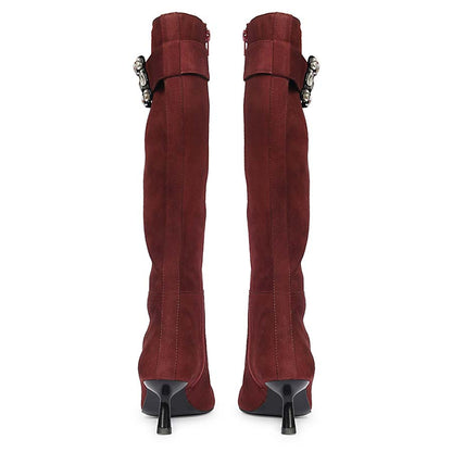 Saint Valeria Crystal Buckle Bordo Suede Leather Long Boots